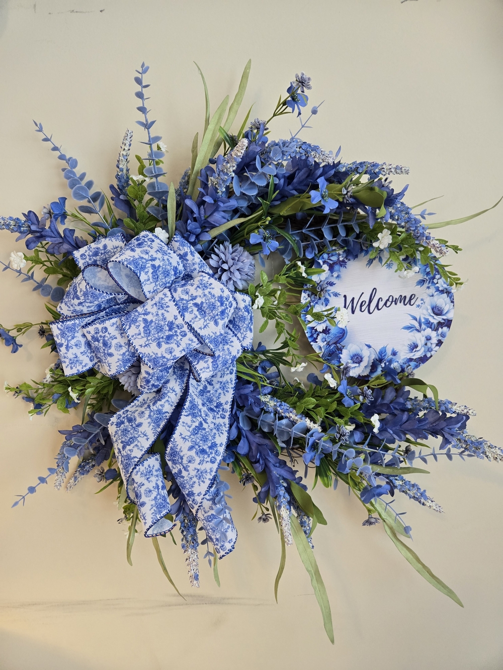 Blue Floral Welcome Wreath with Ribbon